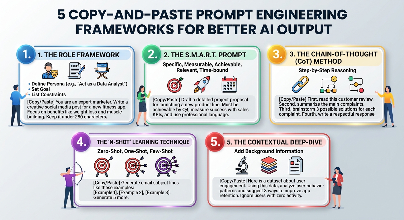 Infographic showing how to write prompts with 5 prompt engineering frameworks